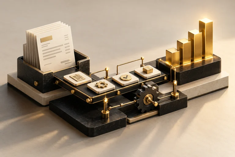 An invoice moves through an automated workflow towards rising gold bars.