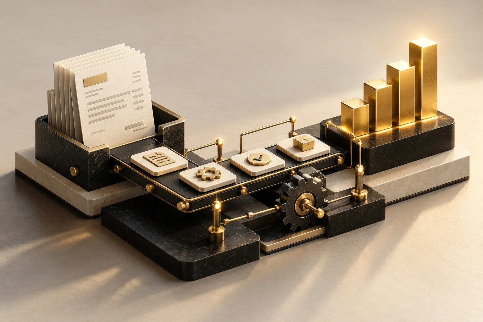 An invoice moves through an automated workflow towards rising gold bars.