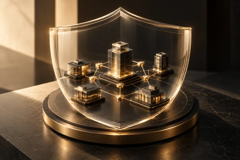 A transparent shield protects a connected business network.