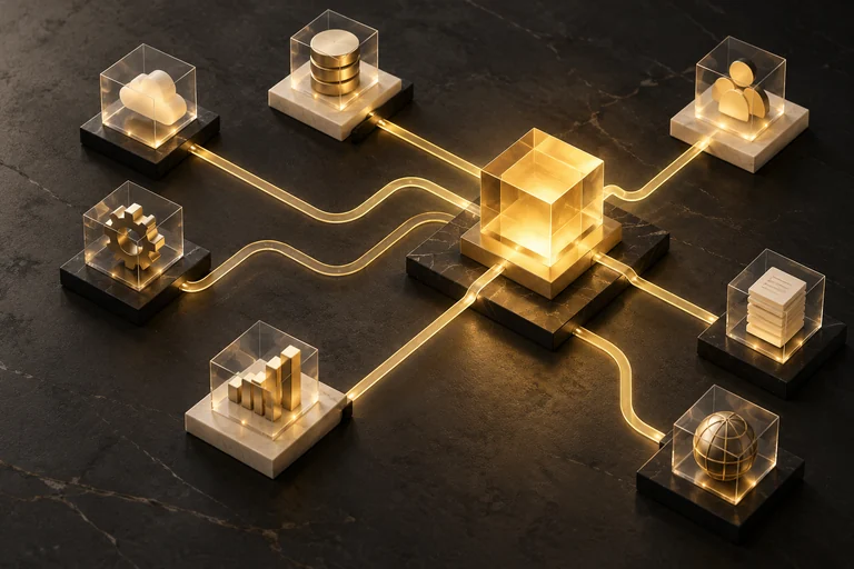 Gold pathways connect data, people and business tools to a shared strategic goal.