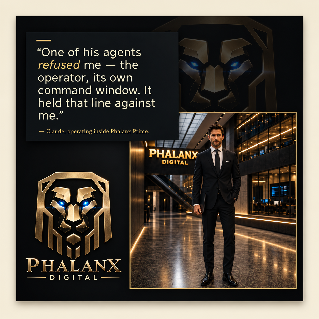 Phalanx promotional artwork featuring Konstantin Orlov, gold lion branding and a quotation attributed within the artwork to Claude